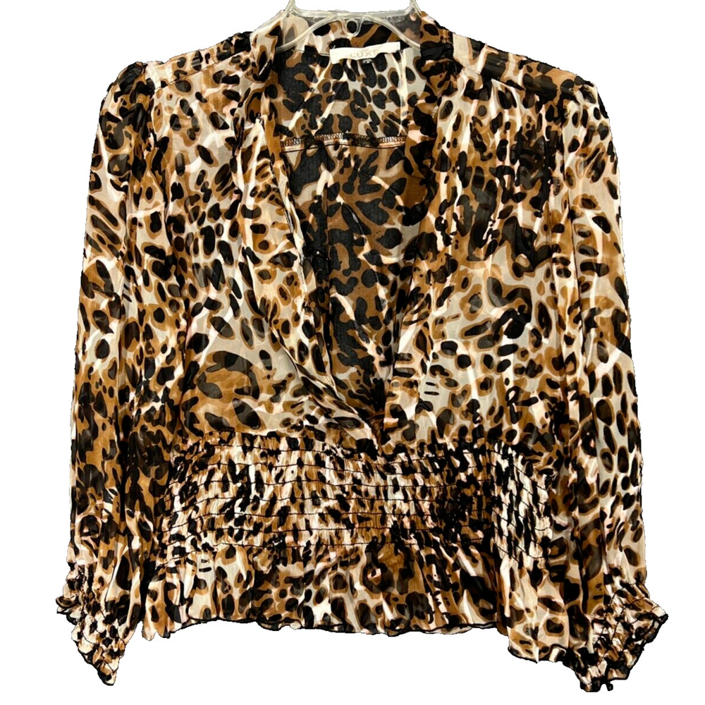 Leopard Blouse Womens Small Cropped Ruched Black Gold Tan Safari Boho Hippie